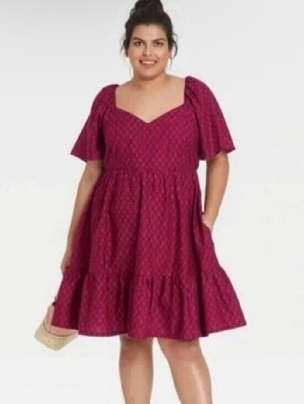 Ava & Viv Tiered Flutter Sleeve Cotton Smocked Midi Dress Magenta Size 2X